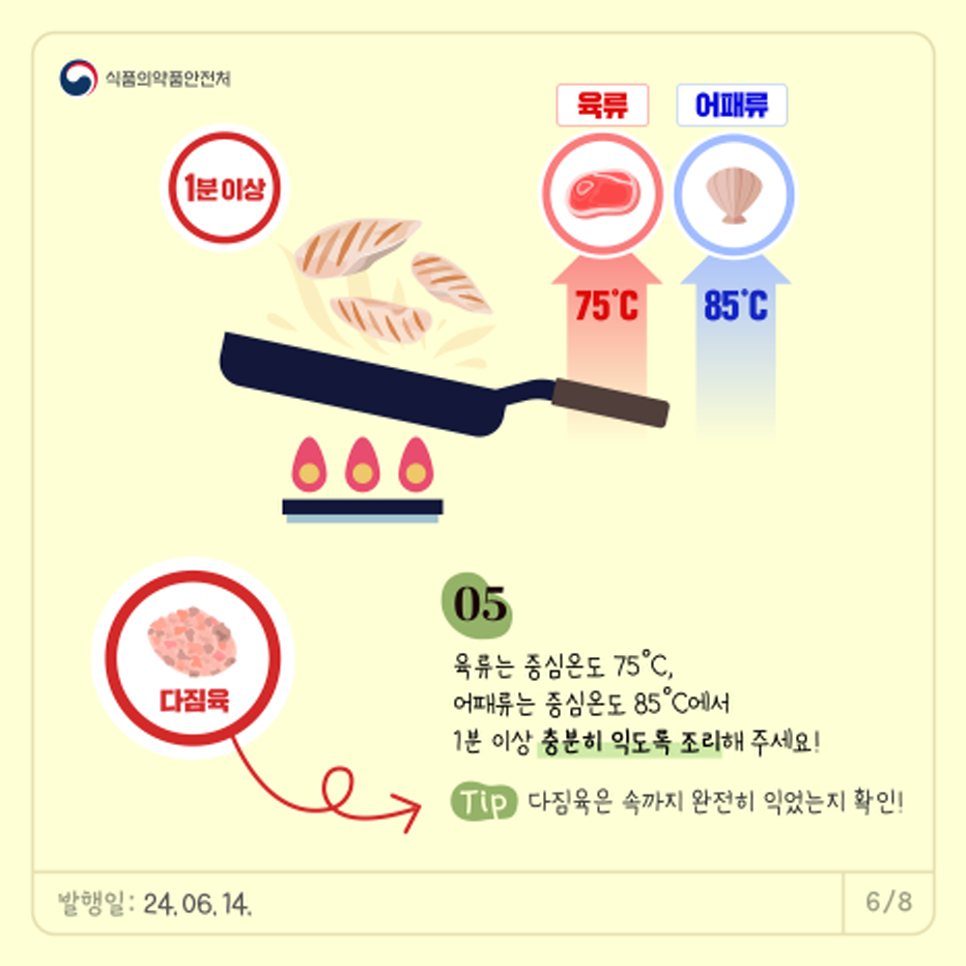 05.   육류는 중심온도 75℃  어패류는 중심온도 85℃  1분 이상 충분히 익히도록 조리해 주세요!  *Tip. 다짐육은 속까지 완전히 익었는지 확인! 